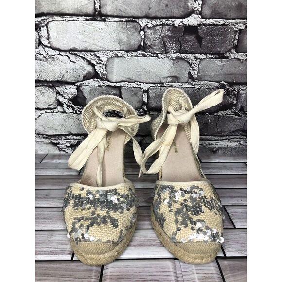 Saks Fifth Ave Ivory Fabric Sequin Ankle Lace Wedge Espadrilles Sandals Women 6M - Picture 2 of 16